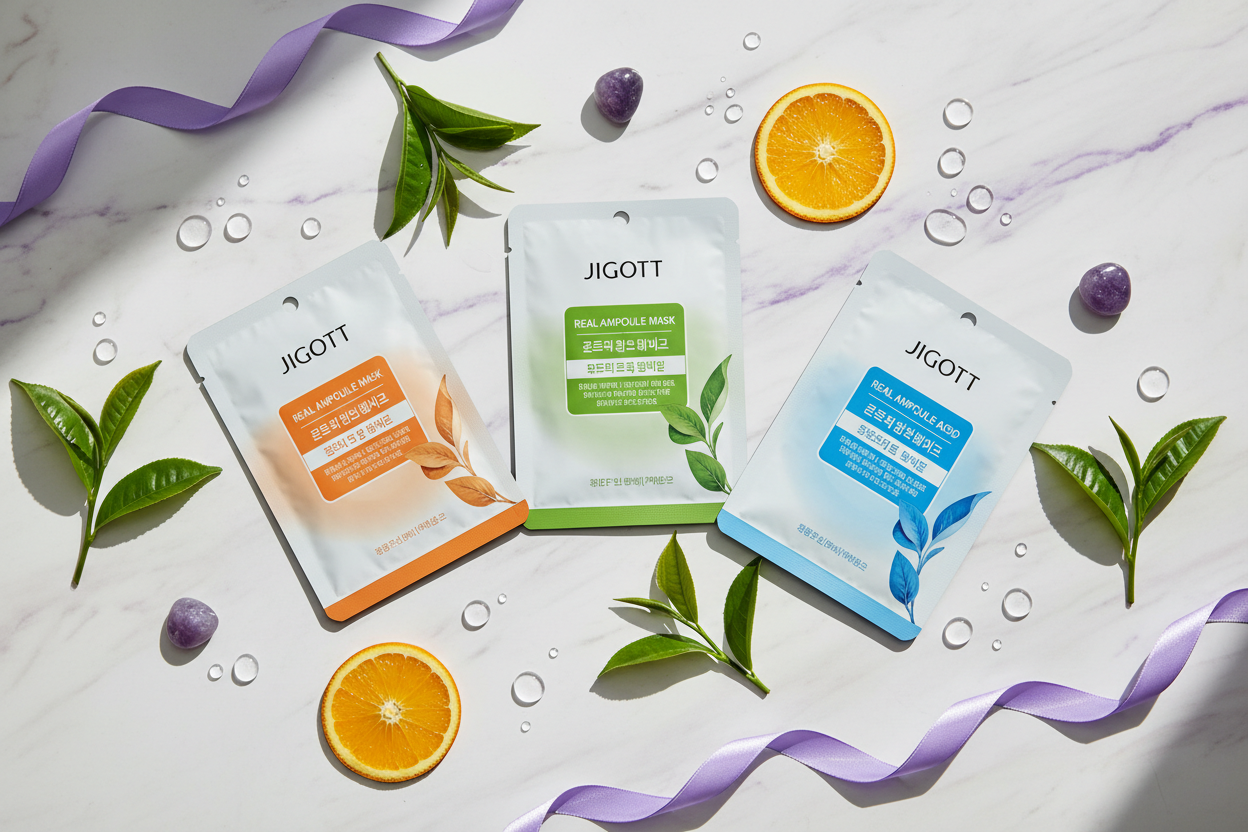 Jigott Calming & Soothing Sheet Mask Set — Vitamin, Green Tea and Hyaluronic Acid Real Ampoule Masks flat-lay