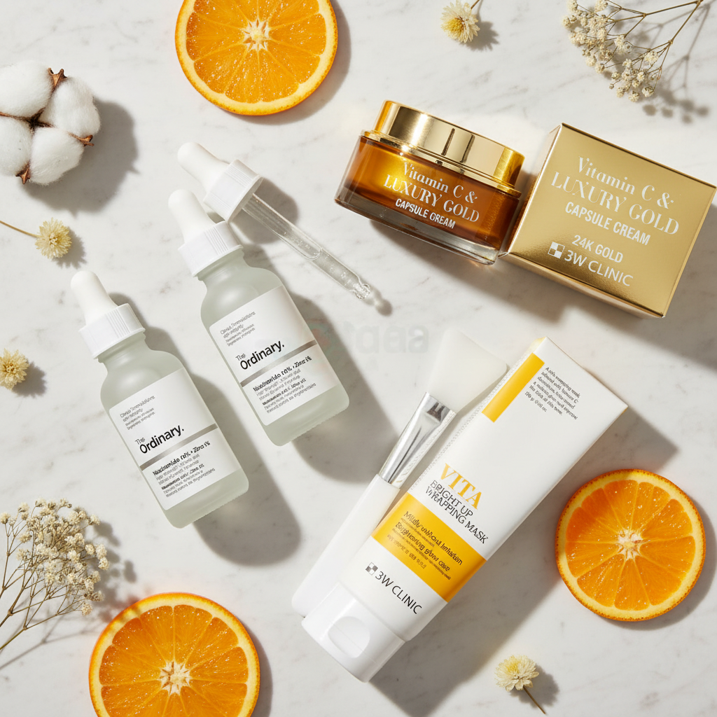 Melanin Transfer Block Kit - One Thing Niacinamide 10%, 3W Clinic Vitamin C & Luxury Gold Capsule Cream & Vita Bright Up Wrapping Mask