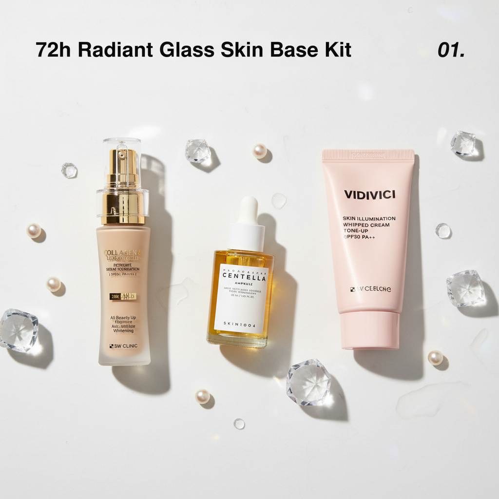 72h Radiant Glass Skin Base Kit - 3W Clinic Serum Foundation, SKIN1004 Centella Ampoule, VDIVICI Tone-Up Cream