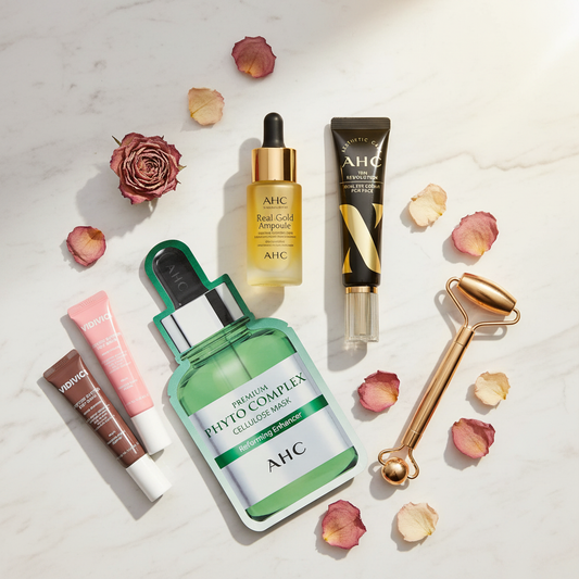 Weekly Intensive Care Kit - AHC Real Gold Ampoule, AHC Premium Phyto Complex Cellulose Mask, AHC Ten Revolution Eye Cream & VDIVICI Peptide Butter Tint Balm