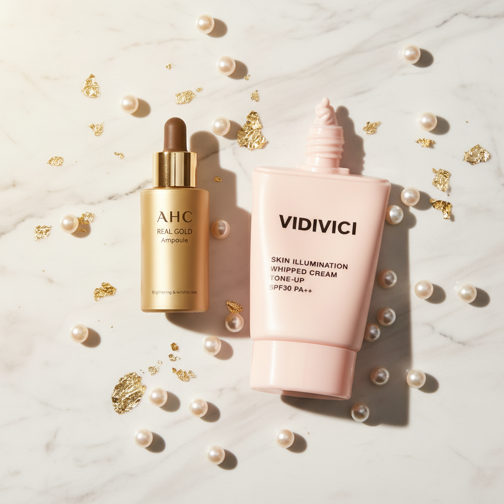 Elite Pearl Luxury Glow Kit - AHC Real Gold Ampoule, VDIVICI Skin Illumination Whipped Cream Tone-Up & Peptide Butter Tint Balm