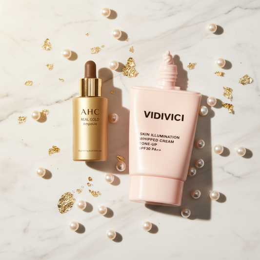 Elite Pearl Luxury Glow Kit - AHC Real Gold Ampoule, VDIVICI Skin Illumination Whipped Cream Tone-Up & Peptide Butter Tint Balm