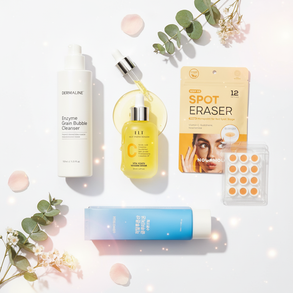 Post-Acne Scar & Glow Eraser Kit - Dermaline Bubble Cleanser, ELT Vitamin Serum, Nolahour Brightening Patch, Gong Skin Glutathione Cream