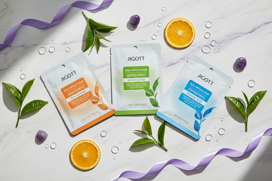 Jigott Calming & Soothing Sheet Mask Set — Vitamin, Green Tea and Hyaluronic Acid Real Ampoule Masks flat-lay
