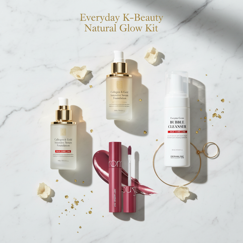 Everyday K-Beauty Natural Glow Kit - 3W Clinic Serum Foundation, Dermaline Bubble Cleanser, VDIVICI Tone-Up Cream, Romand Lip Tint