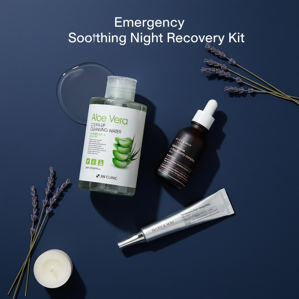 Emergency Soothing Night Recovery Kit - 3W Clinic Aloe Vera Cleansing Water, Mary&May Idebenone+Blackberry Serum & Tranexamic Acid Eye Cream