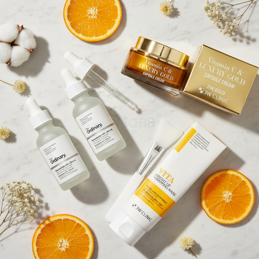 Melanin Transfer Block Kit - One Thing Niacinamide 10%, 3W Clinic Vitamin C & Luxury Gold Capsule Cream & Vita Bright Up Wrapping Mask