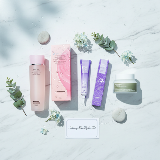 Calming Blue Hydra Kit - 3W Clinic Moisture Softener, 3W Clinic Hyaluronic Eye Cream, Mary&May Sensitive Soothing Gel Cream