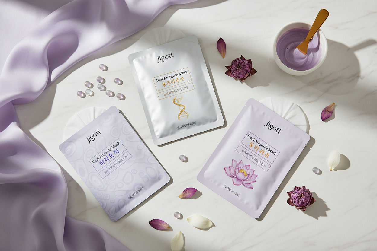Jigott Anti-Aging Sheet Mask Set — Collagen, Placenta and Lotus Real Ampoule Masks flat-lay